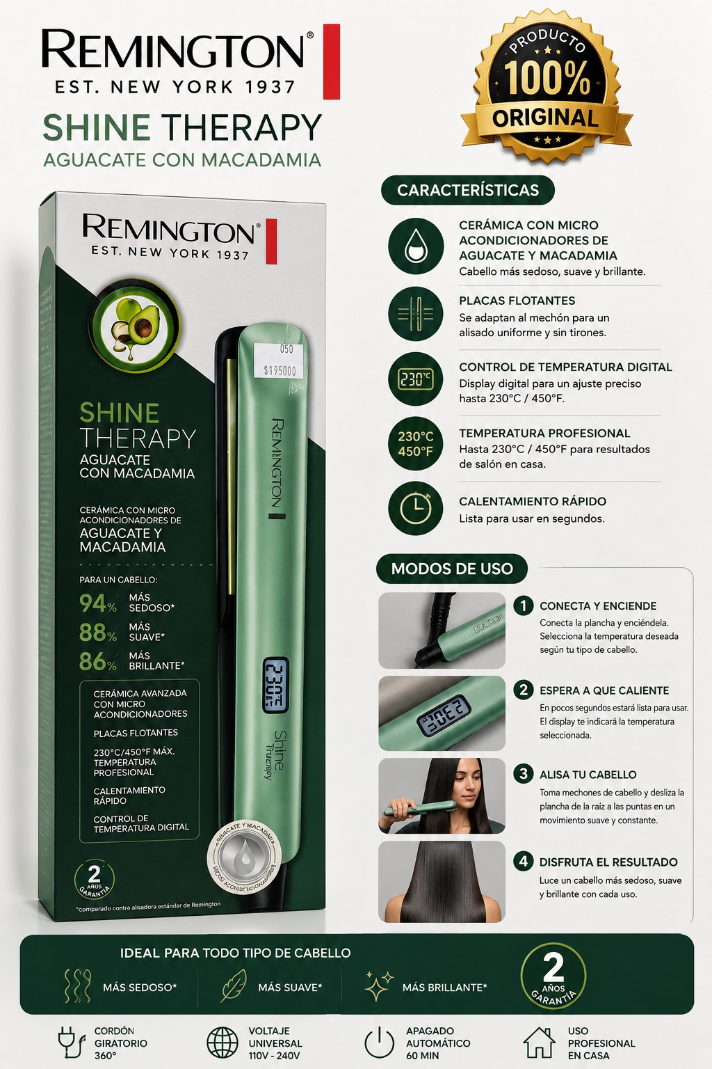 Plancha de Cabello Remington Shine Therapy Aguacate y Macadamia (100% Original) - Image 3