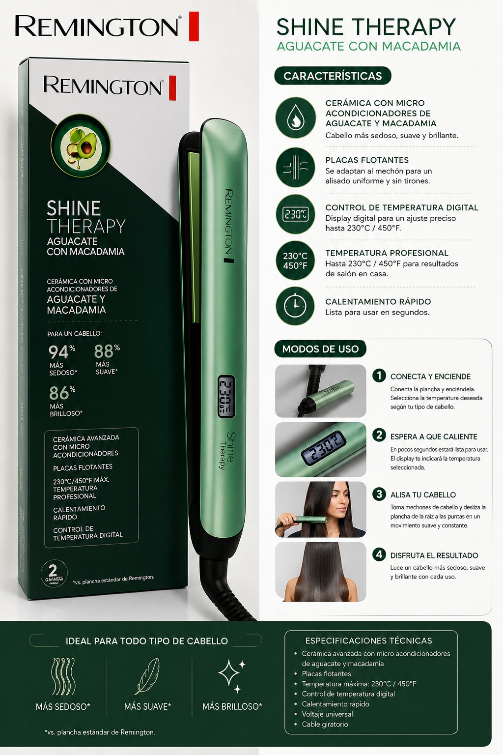 Plancha de Cabello Remington Shine Therapy Aguacate y Macadamia (100% Original) - Image 3