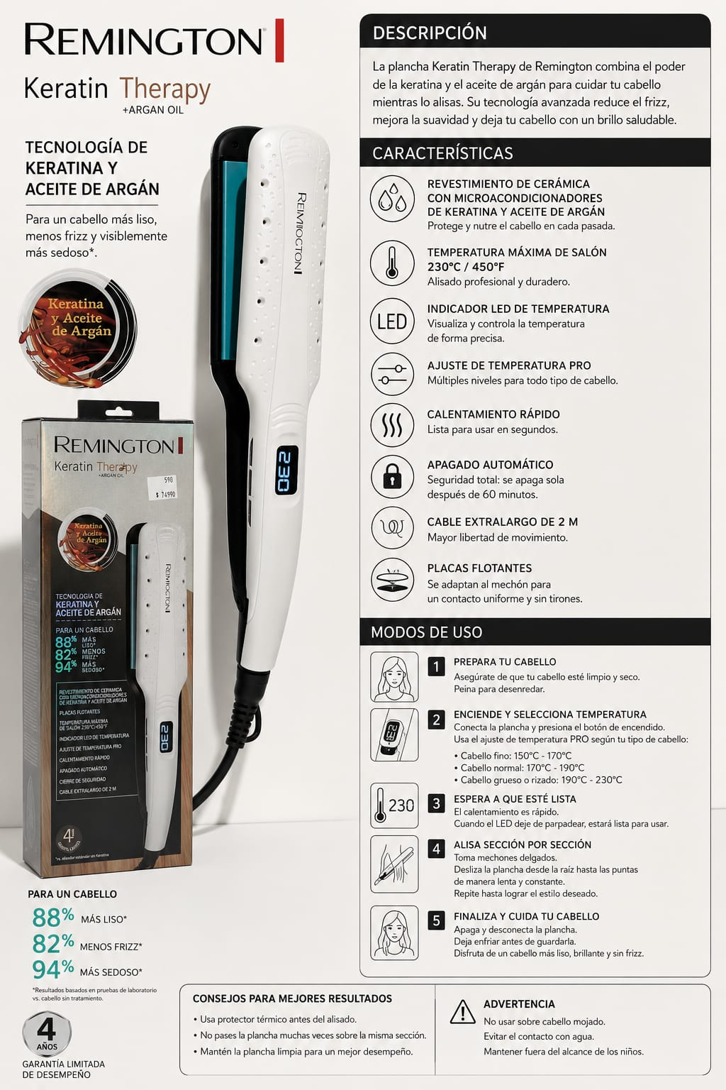 Plancha de Cabello Remington Keratin Therapy + Aceite de Argán - Image 2