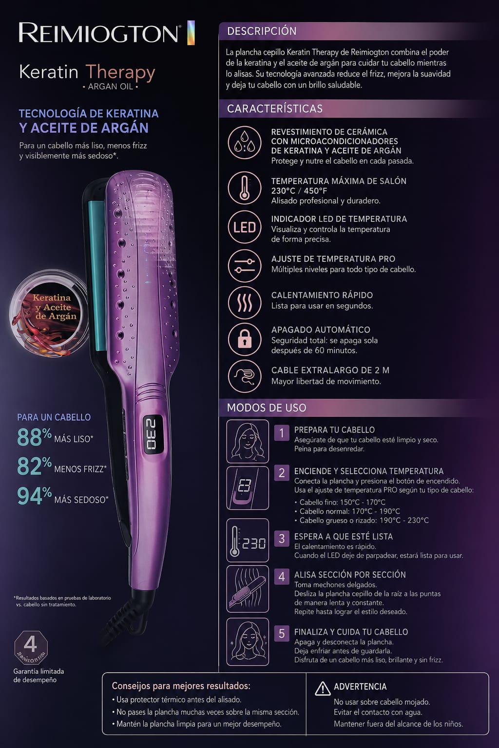 Plancha Reimiogton Keratin Therapy + Aceite de Argán - Edición Morada - Image 3